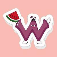 Sticker Style W Alphabet Cartoon Character Holding Watermelon Piece On Pink Background. vector