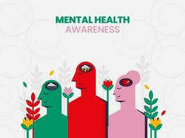 Awareness Mental Health Day Poster Design With Cartoon Mentally People And Floral On Gray Background. vector