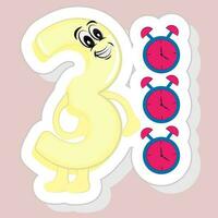 Sticker Style Happy 3 Cartoon Number With Alarm Clock On Pink Background. vector