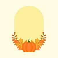 Isolated Pumpkin With Autumn Leaves Decorative Oval Yellow Frame And Copy Space. vector
