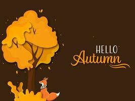 Hello Autumn Font With Cartoon Fox Sitting Under Paper Cut Tree And Fall Leaves On Brown Background. vector