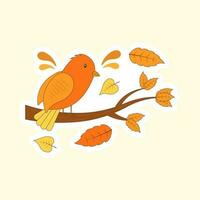 Isolated Cute Bird Sitting On Branch With Leaves Over Cosmic Latte Background. vector