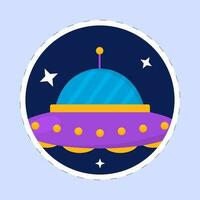 Sticker Style Alien Spaceship In Star Blue Background. vector