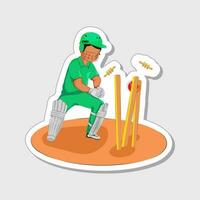 Sticker Style Faceless Male Keeper Hitting To Wicket Stumps On Grey And Orange Background. vector