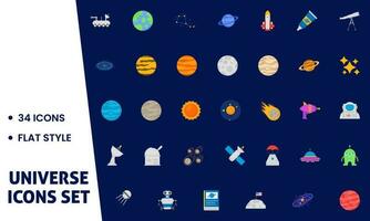 34 Flat Style Universe Icon Set In Blue And White Background. vector