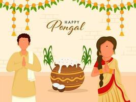 Faceless South Indian Couple Greeting Namaste With Festival Element And Floral Garland Decorated Background For Happy Pongal Celebration. vector