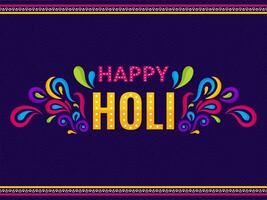 Vector Marquee Lights Happy Holi Text With Colorful Arc Drops On Purple Zigzag Line Pattern Background.