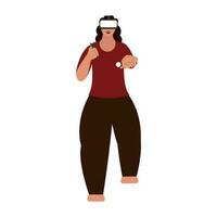 joven mujer vistiendo vr auriculares con sostener controlador para virtual realidad juego jugar. vector