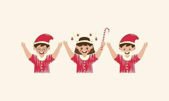 Cheerful Kids Raising Hands Up Against Peach Background. vector