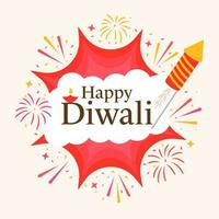 Happy Diwali Lettering With Burning Oil Lamp, Firecracker Rocket On White And Red Fireworks Background. vector