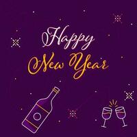 Happy New Year Font With Doodle Champagne Bottle And Toast Glasses On Purple Background. vector