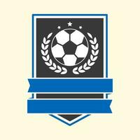 Blank Blue Ribbon Covering Shield With Laurel Leaves And Soccer Ball Against Cosmic Latte Background. vector