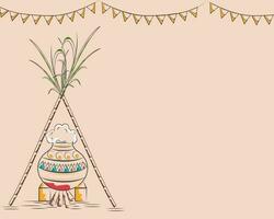 Doodle Style Rice Cooking At Firewood With Sugarcanes, Bunting Flags Decorated On Pastel Peach Background And Copy Space. vector