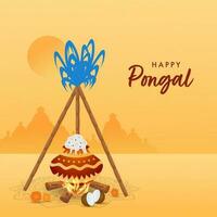 Happy Pongal Celebration Concept With Rice Cooking In Mud Pot Over Bonfire, Coconut And Sugarcanes On Chrome Yellow Sun Background. vector