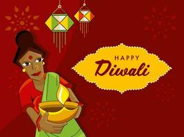 Happy Diwali Celebration Concept With Cartoon Indian Woman Holding Lit Oil Lamp And Lantern Hang On Red Background. vector