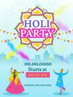 holi fiesta invitación tarjeta con indio joven Pareja lanzamiento color globos en cada otro y evento detalles. vector