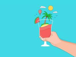 Cheers to summer drink, a concept with a beach background, shiny sun, palm tree, hot air balloon and watermelon. Flat style illustration for summer holidays or travel concepts. vector