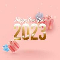 Happy New Year Concept With Golden 2023 Number And Realistic Gift Boxes On Glossy Pink Background. vector