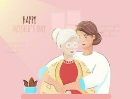 Vector illustration of young girl hugging her mother from side, pink wall background. Concept for Happy Mother's Day.