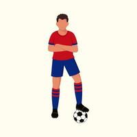 Faceless Soccer Player Standing With One Foot On Ball Against Cosmic Latte Background. vector