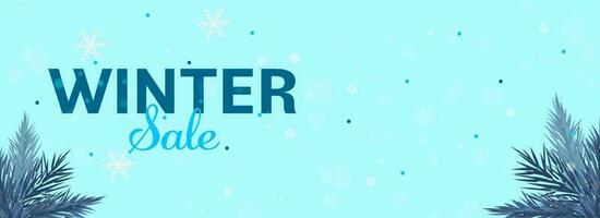 Winter Sale Banner Or Header Design With Snowflakes And Fir Leaves Decorated On Blue Background. vector