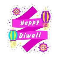 Happy Diwali Message Ribbon With Hanging Lanterns And Flowers On White Background. vector