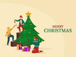 alegre Navidad celebracion concepto con dibujos animados niños decorando Navidad árbol en pastel amarillo antecedentes. vector
