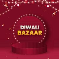 Diwali Bazaar Poster Design With Marquee Round Frame, Empty Podium And Lighting Garland On Red Bokeh Background. vector