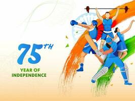 75 años de indio independencia día celebracion concepto con el Deportes personas de diferente juegos para su contribuciones hacia nación. vector