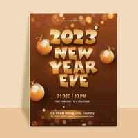 2023 New Year Eve Flyer Design With Realistic Baubles And Event Details On Brown Bokeh Background. vector