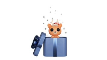 3D Render Of Cartoon Reindeer And Stars Popping Out From Surprise Box Element. png