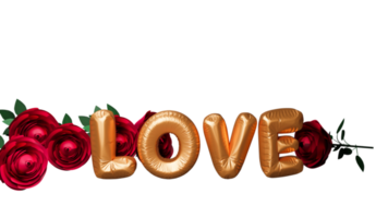 Golden Foil Love Font With Beautiful Rose Flowers Element. 3D Render. png