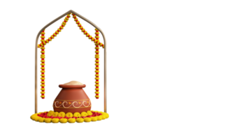 3D Render Clay Pot Full Of Traditional Dish Over Floral Rangoli And Arch Frame Element. png