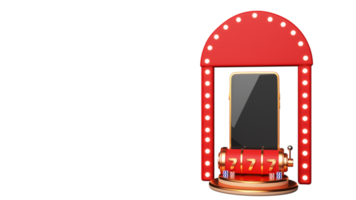 3D Render Of Empty Smartphone Screen With 777 Slot Machine, Poker Chips Over Podium And Marquee Arch Frame Element. png