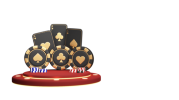 3D Render Casino Chips With Playing Cards On Marquee Red Round Podium Element. png