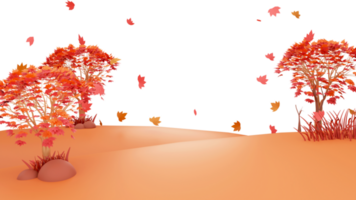 3D Illustration Of Autumn Trees With Flying Leaves Against Glossy Background And Copy Space. png