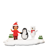 3d illustratie van vrolijk jong meisje vervelend de kerstman hoed met pinguïn, polair beer, Kerstmis boom Aan besneeuwd achtergrond en kopiëren ruimte. png