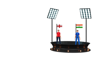 3d hacer de Grillo partido Entre Inglaterra vs India con jugador de cricket jugadores en pie en etapa antecedentes y estadio luces. png