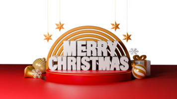 3D Render Merry Christmas Text Over Red Podium With Gift Box, Baubles, Golden Jingle Bell, Stars Hang And Snowflakes Decorated Background. png