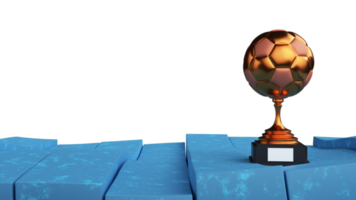 3d render bronze futebol troféu copo contra azul espuma cubo ou quadrado fundo e cópia de espaço. png