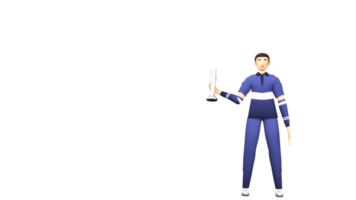 3d render do masculino Grilo jogador segurando prata troféu contra fundo. png