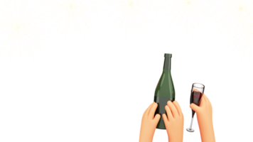 3D Human Hands Holding Champagne Bottle With Flute Glass Against Background And Copy Space. png