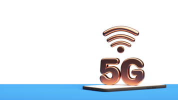 3D Bronze 5G Text With Wifi Signal Over Smartphone Screen And Copy Space. png