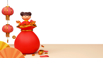 3d chinês menina segurando lingote com tradicional lanternas pendurar, envelope, Tesouro saco, papel fãs e cópia de espaço. png