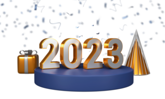 3D 2023 Number Over Podium With Gift Box, Cone Shape In Golden And Silver Color Against Blurred Confetti Background. png