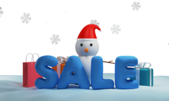 3d försäljning text med snögubbe bär santa hatt, gåva lådor, handla väska och snöflingor mot bakgrund. reklam baner design. png