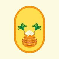 Flat Style Rice Clay Pot With Sugarcane On Oval Yellow Background. vector