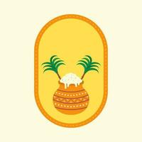 Flat Style Rice Clay Pot With Sugarcane On Oval Yellow Background. vector