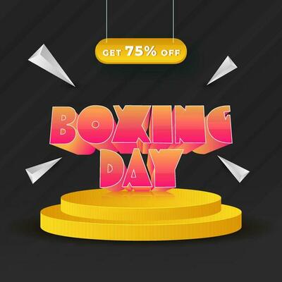 3D Render Gradient Boxing Day Text Over Podium With Discount Offer And Triangle Elements On Black Background.