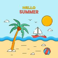 Hello Summer Concept With Coconut Tree, Ship, Sun Illustration On Beach View Background. vector